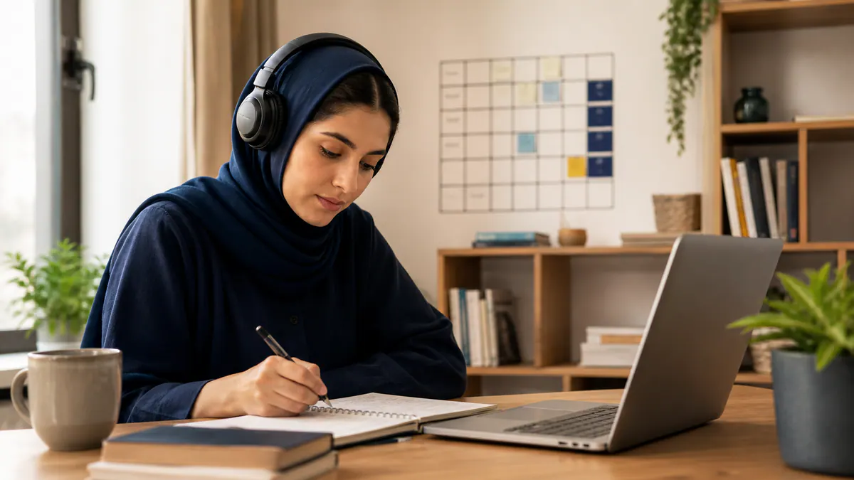 An Arab woman reviews documented learning resources at her desk