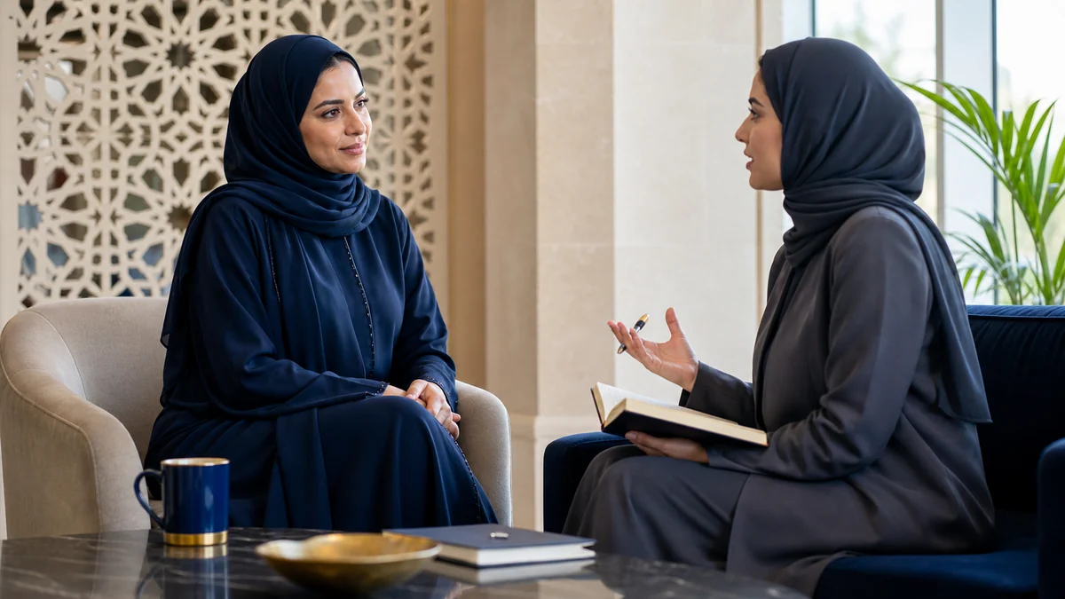 Two Arab women exchange professional questions in a counseling meeting