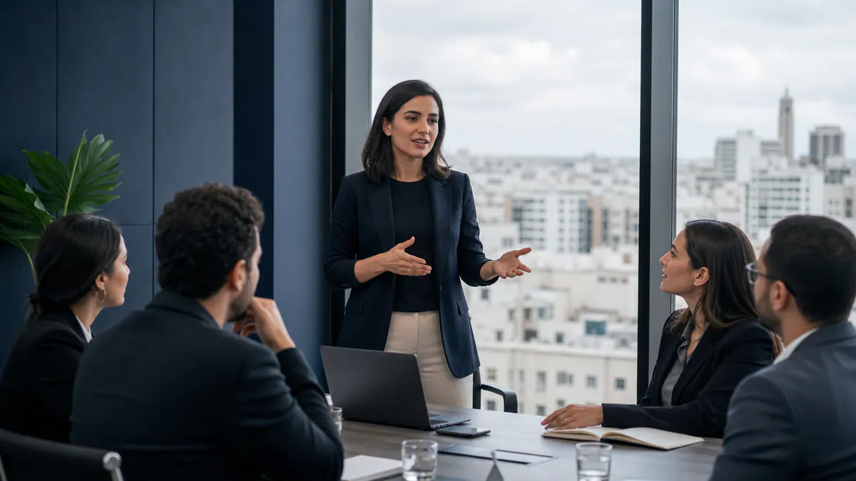 An Arab woman presents research results to a work team