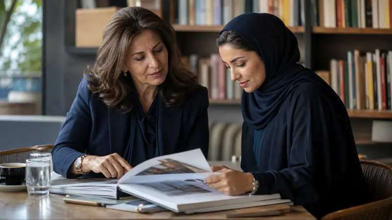 Two Arab women exchange experiences inside a library