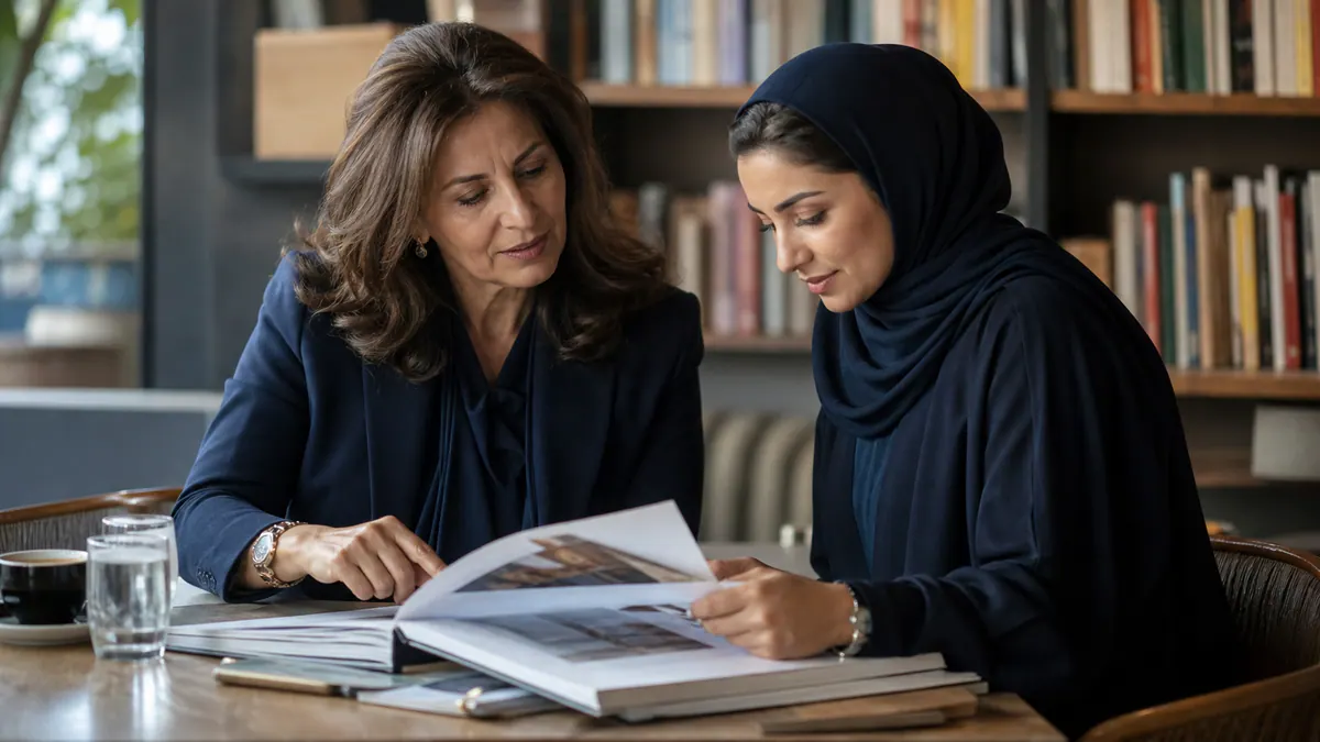 Two Arab women in a career counseling session inside a library