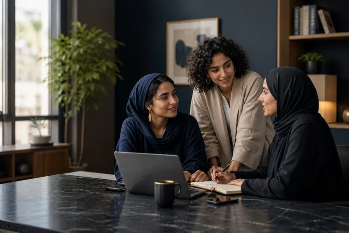 Two Arab women collaborate around a computer in a workspace